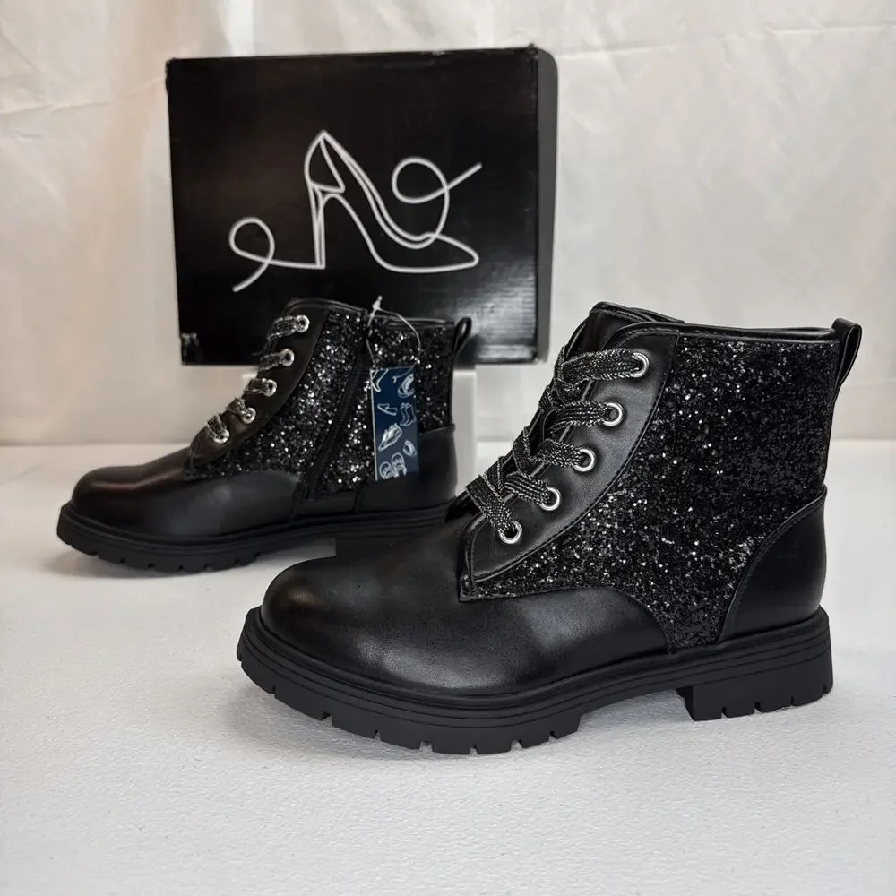 K KomForme Girls Glitter Combat Boots Velvet Lace Ankle Shoes Black Size 4
